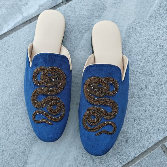 Mens Leather Shoes, Leather Slip-on Shoes, Embriodered shoes, Blue Velvet Shoes main image 7